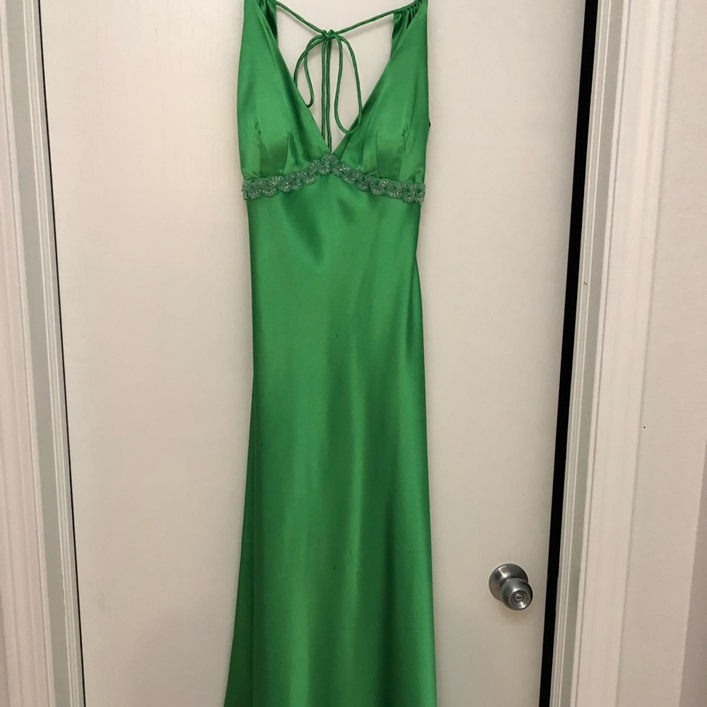 Long green satin prom gown low back & beading